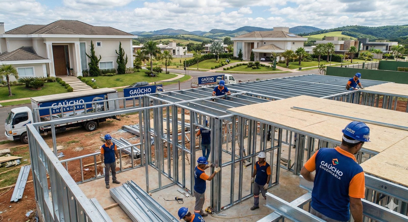 Equipe da Gaúcho Engenharia montando estrutura em Light Steel Frame